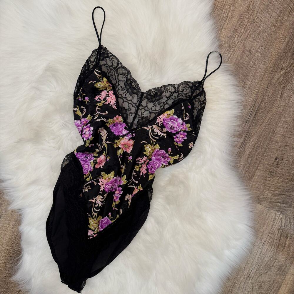 Vintage 1980's Floral Satin Bodysuit/Teddy - Size S